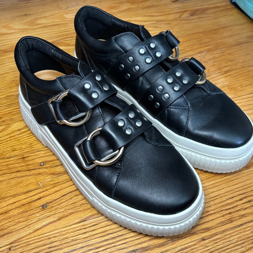 J Slides Black Leather Platform Sneakers with White Soles